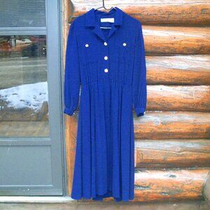 Vintage Liz Claiborne Navy Blue Long Sleeve Button Down Belted Maxi Dress SZ 8